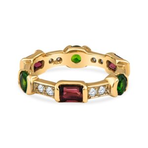 14K Yellow Gold Pink Tourmaline, Chrome Diopside and Diamond Ring