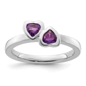 Sterling Silver Stackable Dbl Heart Amethyst Ring