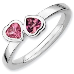 Sterling Silver Stackable Double Heart Pink Tourmaline Ring