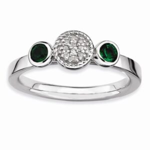 Sterling Silver Stackable Dbl Created Emerald and Diamond Ring