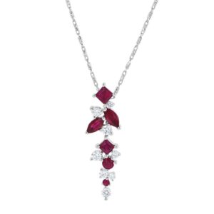 18" Adj Natural Ruby and Diamond Necklace in 14K White Gold 1.10Cttw
