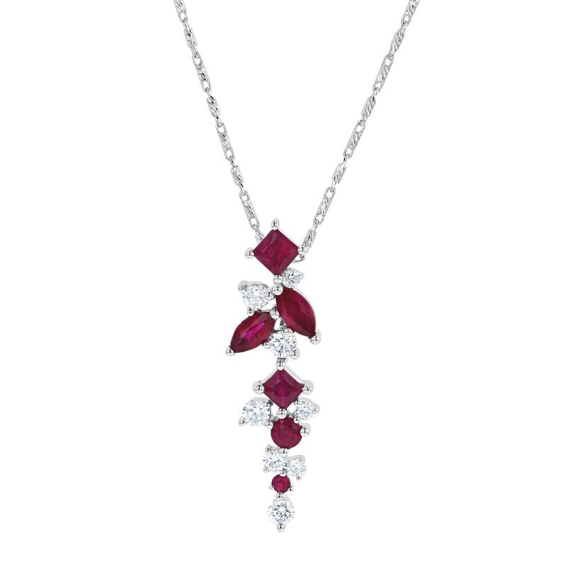 18" Adj Natural Ruby and Diamond Necklace in 14K White Gold 1.10Cttw