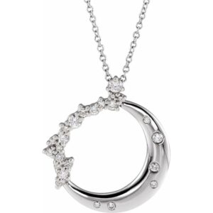 18″ adj 14k white gold natural diamond crescent moon necklace