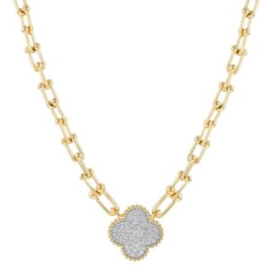 14K Yellow Gold Natural Diamond Clover Necklace on Hand Made Chain 0.45CTTW