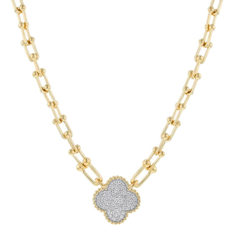 14K Yellow Gold Natural Diamond Clover Necklace on Hand Made Chain 0.45CTTW