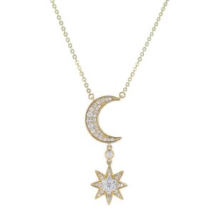 18" Adj 14K YG Moon & Star Natural Diamond Necklace - 1.05CTTW