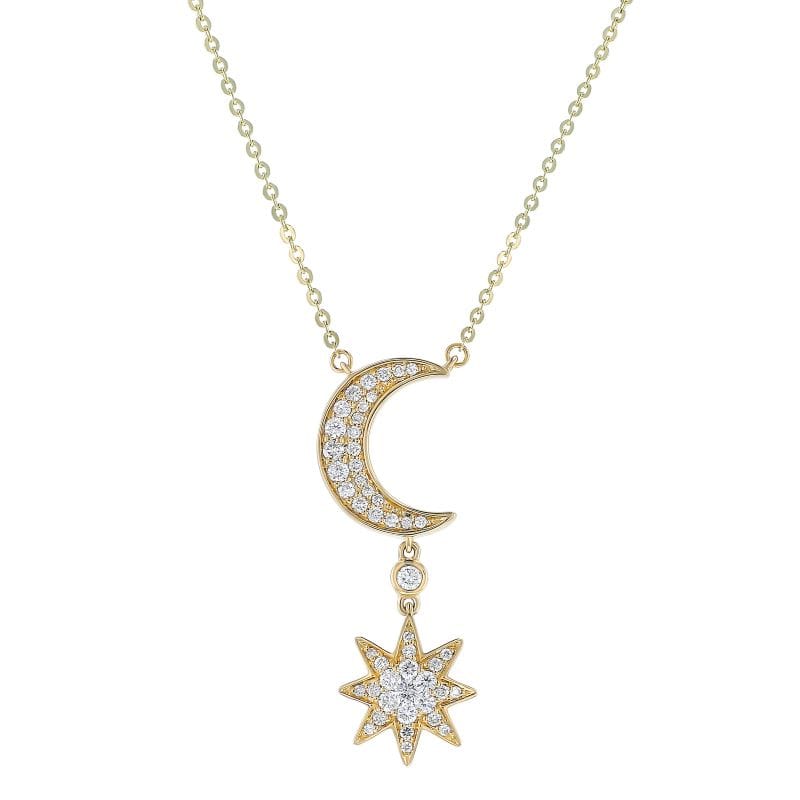 18" Adj 14K YG Moon & Star Natural Diamond Necklace - 1.05CTTW