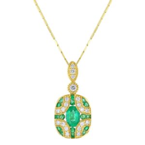 18" Adj. 14K Yellow Gold Natural Emerald and Diamond Necklace