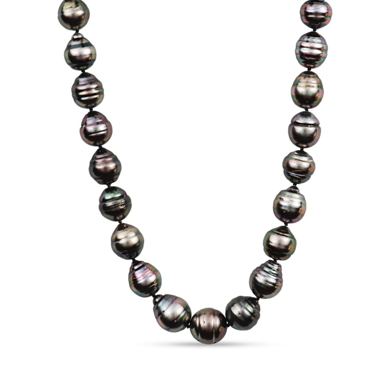 18″ black tahitian pearl necklace with 14k white gold clasp