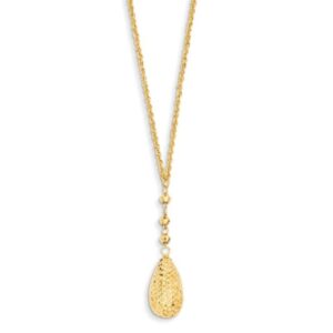 18″ adj puff teardrop and bead lariat style necklace in 14k yellow gold