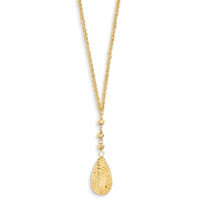 18″ adj puff teardrop and bead lariat style necklace in 14k yellow gold