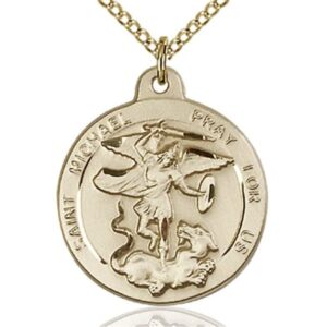18k yellow gold st michael round disc charm on 16″ chain