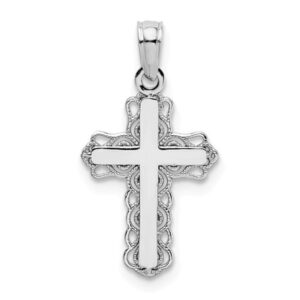 14k white gold polished cross with lace trim charm