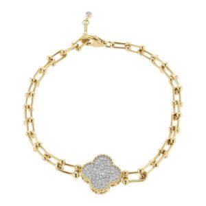 7.5" Adj 14K Yellow Gold Clover Style Natural Diamond Bracelet