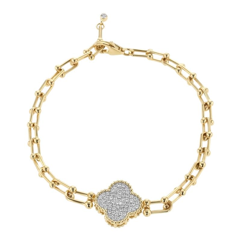 7.5" Adj 14K Yellow Gold Clover Style Natural Diamond Bracelet
