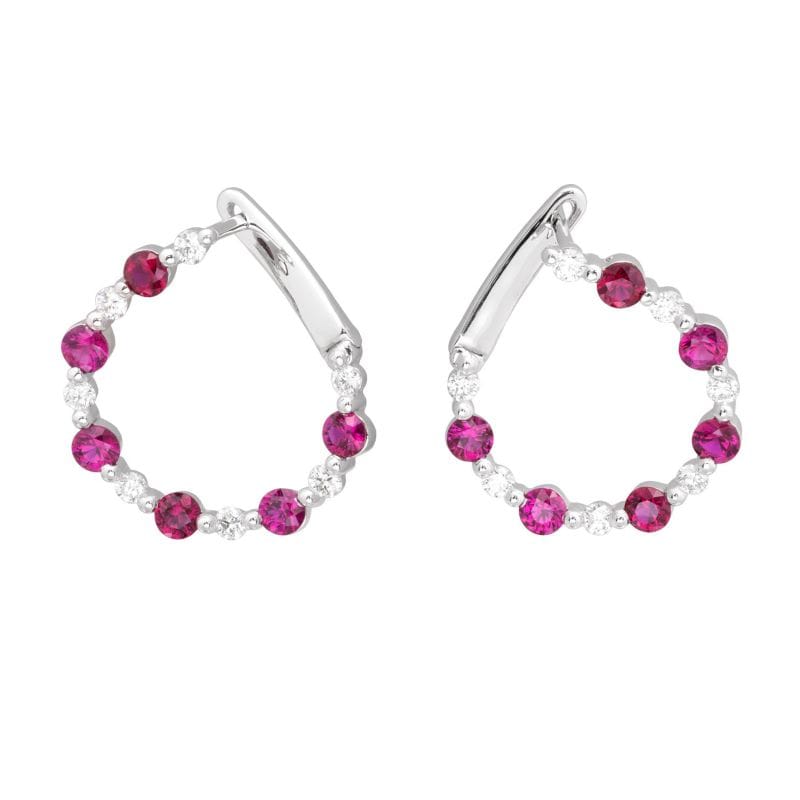 Alternating Natural Ruby and Diamond Hoops in 18K White Gold