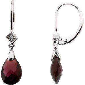 genuine garnet and diamond drop earrings in 14k white gold