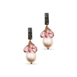 pearl earrings with diamonds and pink tourmaline accents