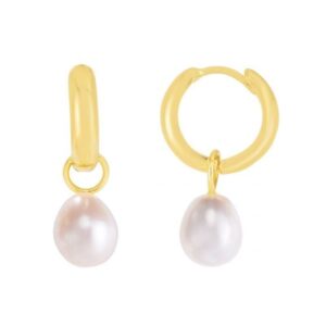 14k yellow gold pearl drop huggie earring