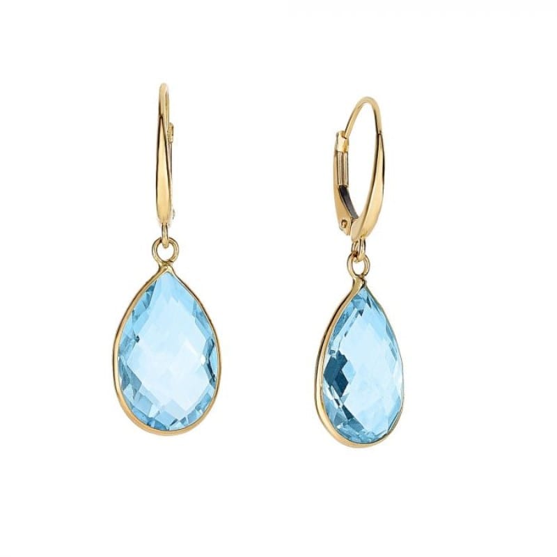 14k yellow gold blue topaz pear drop earrings