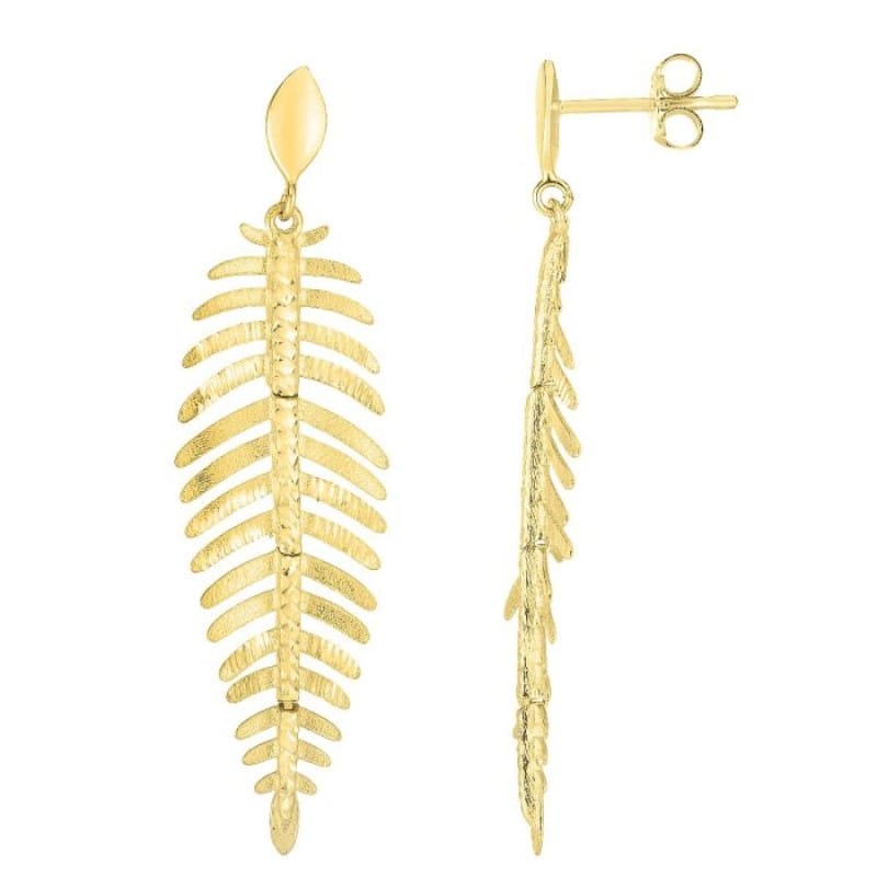 14K Yellow Gold Fancy Leaf Earrings with Satin/Matte Finish