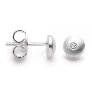 sterling silver button earrings with flush set diamond and satin finish 0.02cts