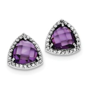 Sterling Silver Rhodium Plated Purple CZ Trillion Post Earrings
