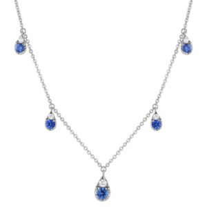 14K Yellow Gold 0.90 carat Diamonds and Blue Sapphires Station Necklace