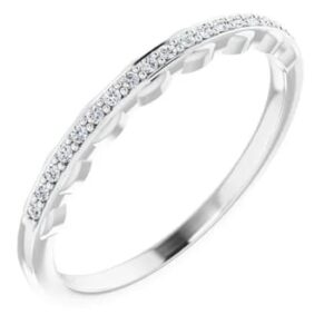 SAMPLE - 14K White gold wedding band with wave detailing on each side containing 19x1.0mm natural...