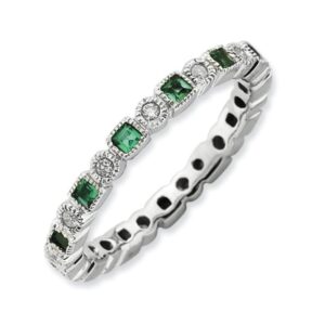 sterling silver stack exp polished created emerald and diamond ring