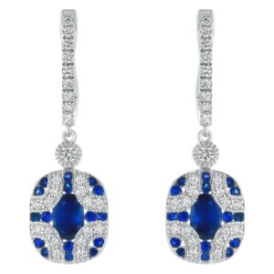 14K White Gold 2.30 carats Diamonds and Blue Sapphires Art Deco Earrings