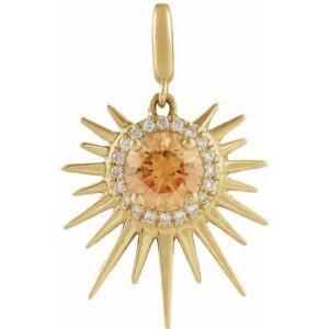 14k yellow gold natural citrine & 1/10 ctw natural diamond halo style sun charm/pendant