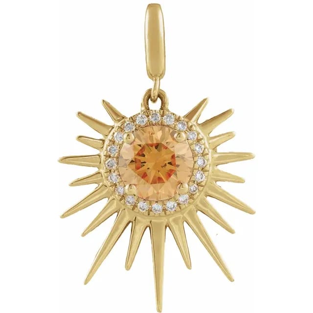 14k yellow gold natural citrine & 1/10 ctw natural diamond halo style sun charm/pendant